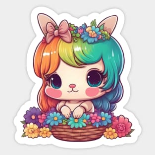 Kawaii Easter Bunny Girl In Basket With Spring Rainbow Flowers Sticker